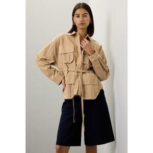 Marissa Webb Utility Jacket Tan Flap Pocket Button Drawstring Long‎ Sleeve Sz M